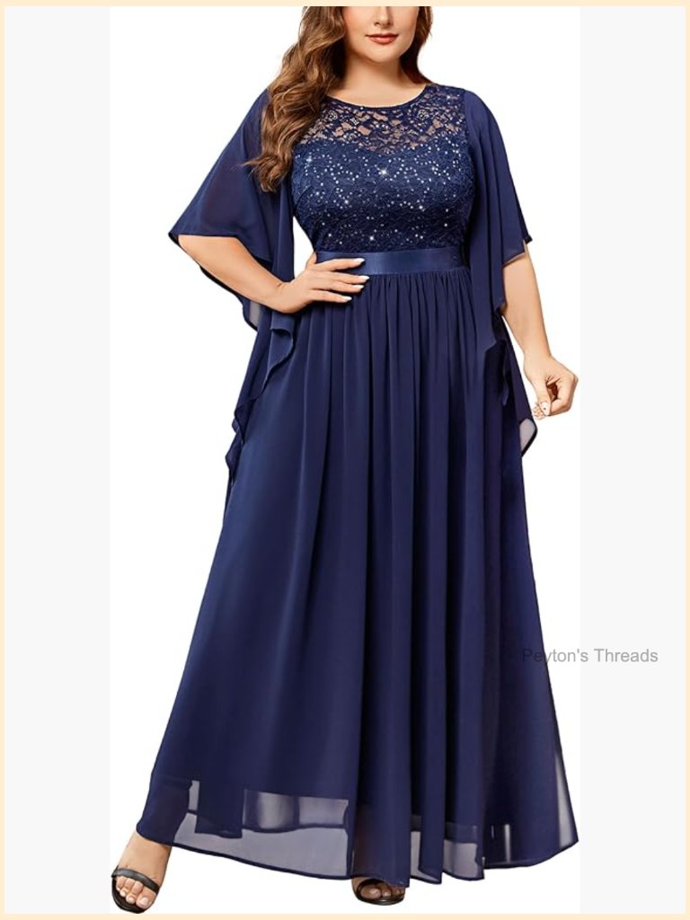 Women's Plus Size Sequin Lace Cape Sleeve Formal Maxi Evening Gown